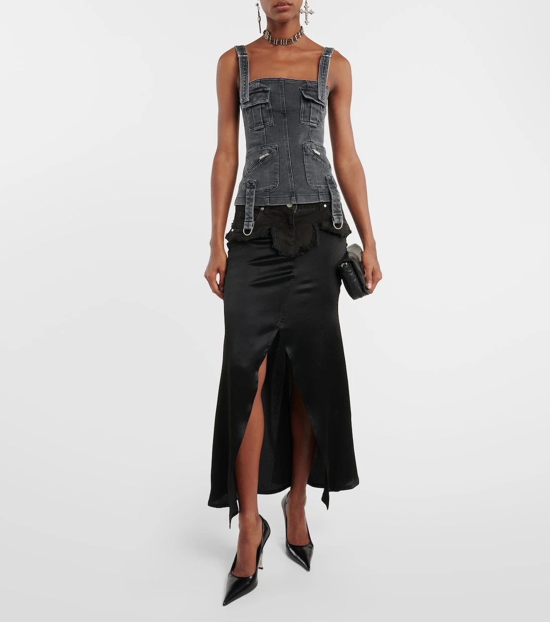 Blumarine - Denim-trimmed satin maxi skirt