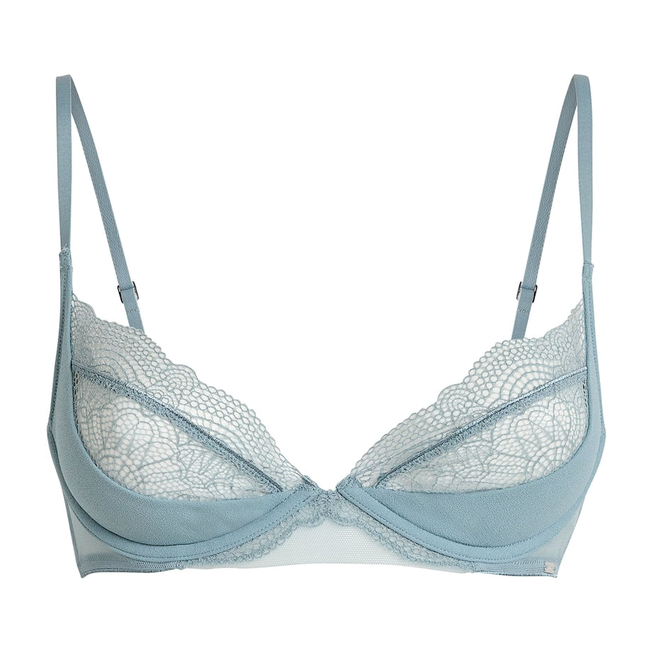 Grey Satin-Lace Plunge Bra