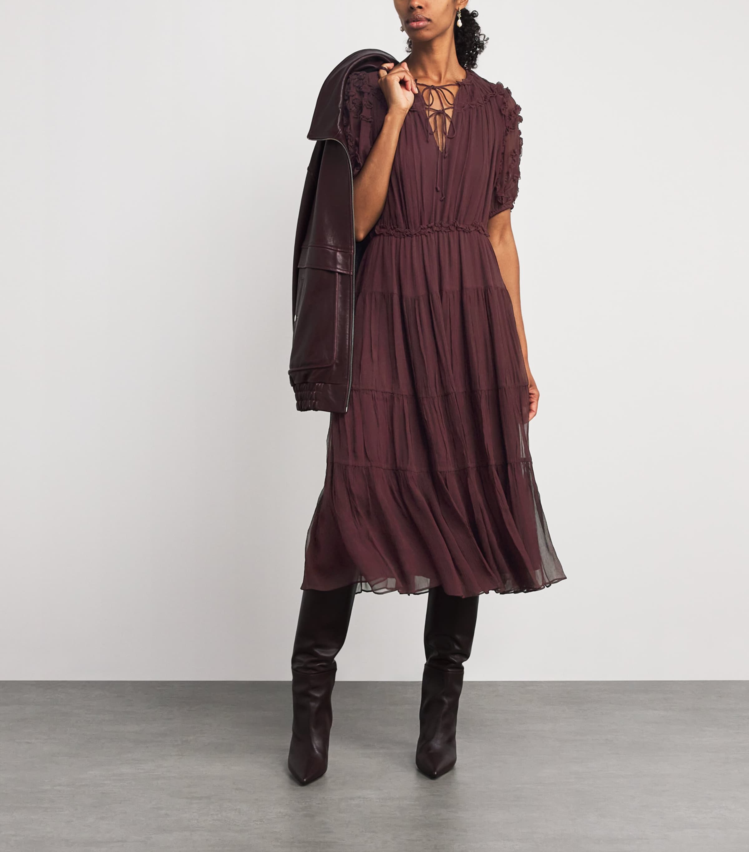 Ulla Johnson Burgundy Silk Ruffled Nan Midi Dress