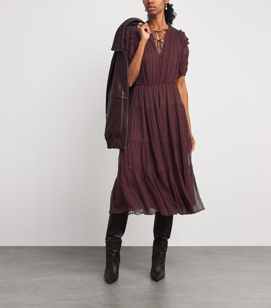 Burgundy Silk Ruffled Nan Midi Dress