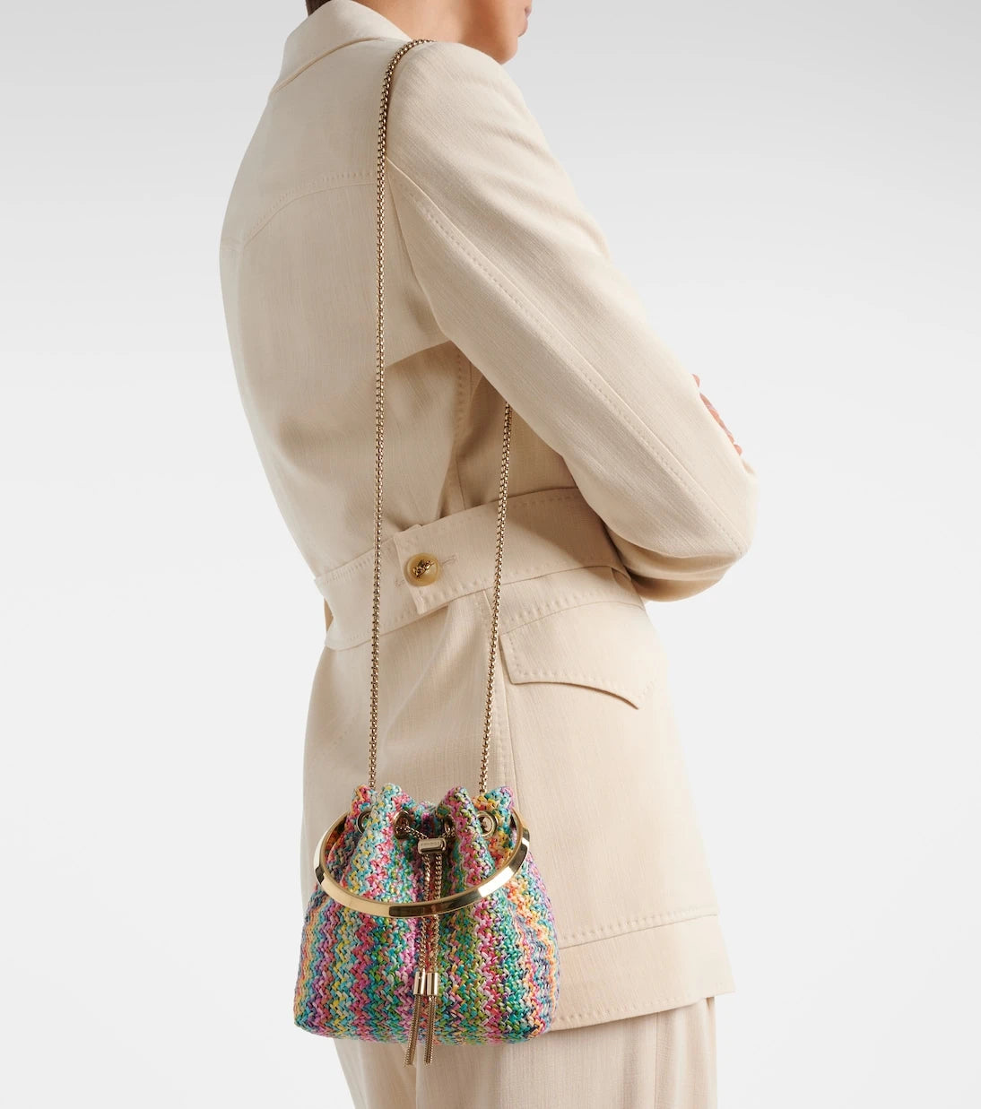 Jimmy Choo - Bon Bon Small raffia-effect bucket bag