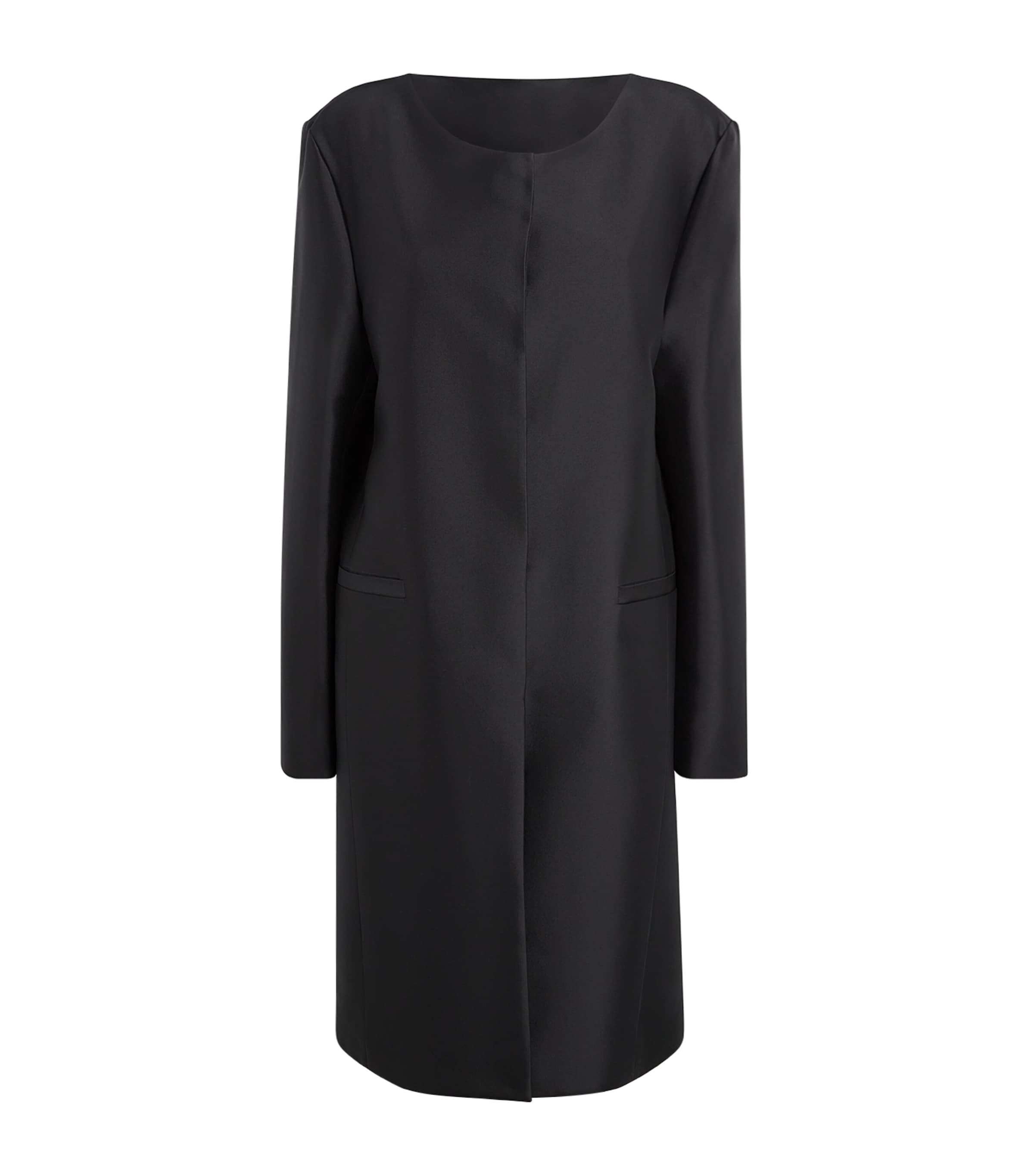 Toteme Black Silk Collarless Midi Coat