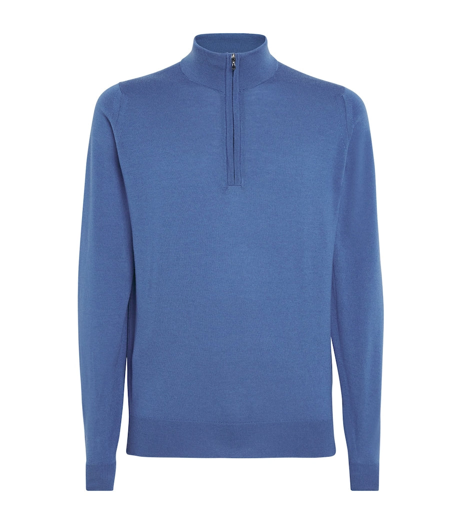 John Smedley Blue Extra Fine Merino Wool Half-Zip Tapton Sweater