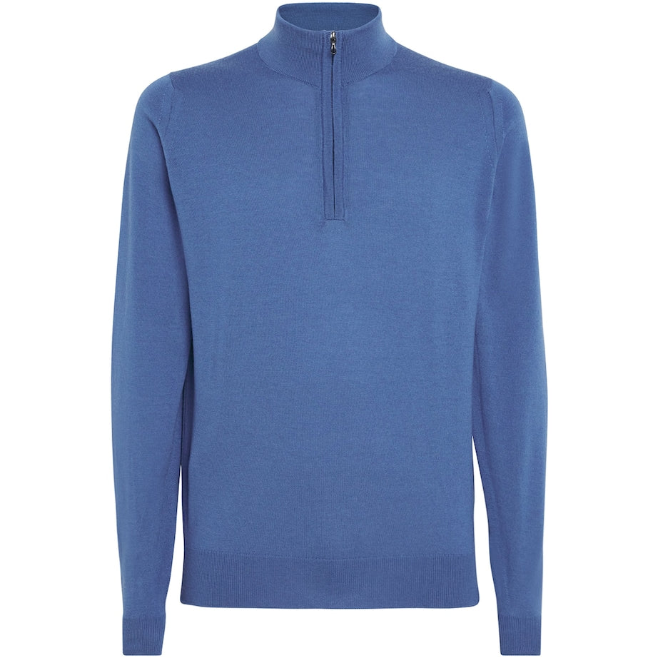 John Smedley Blue Extra Fine Merino Wool Half-Zip Tapton Sweater