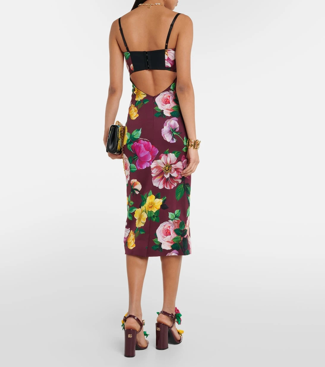 Dolce&Gabbana - فستان متوسط الطول بتصميم حمالة صدر مزين بالزهور من مزيج الحرير