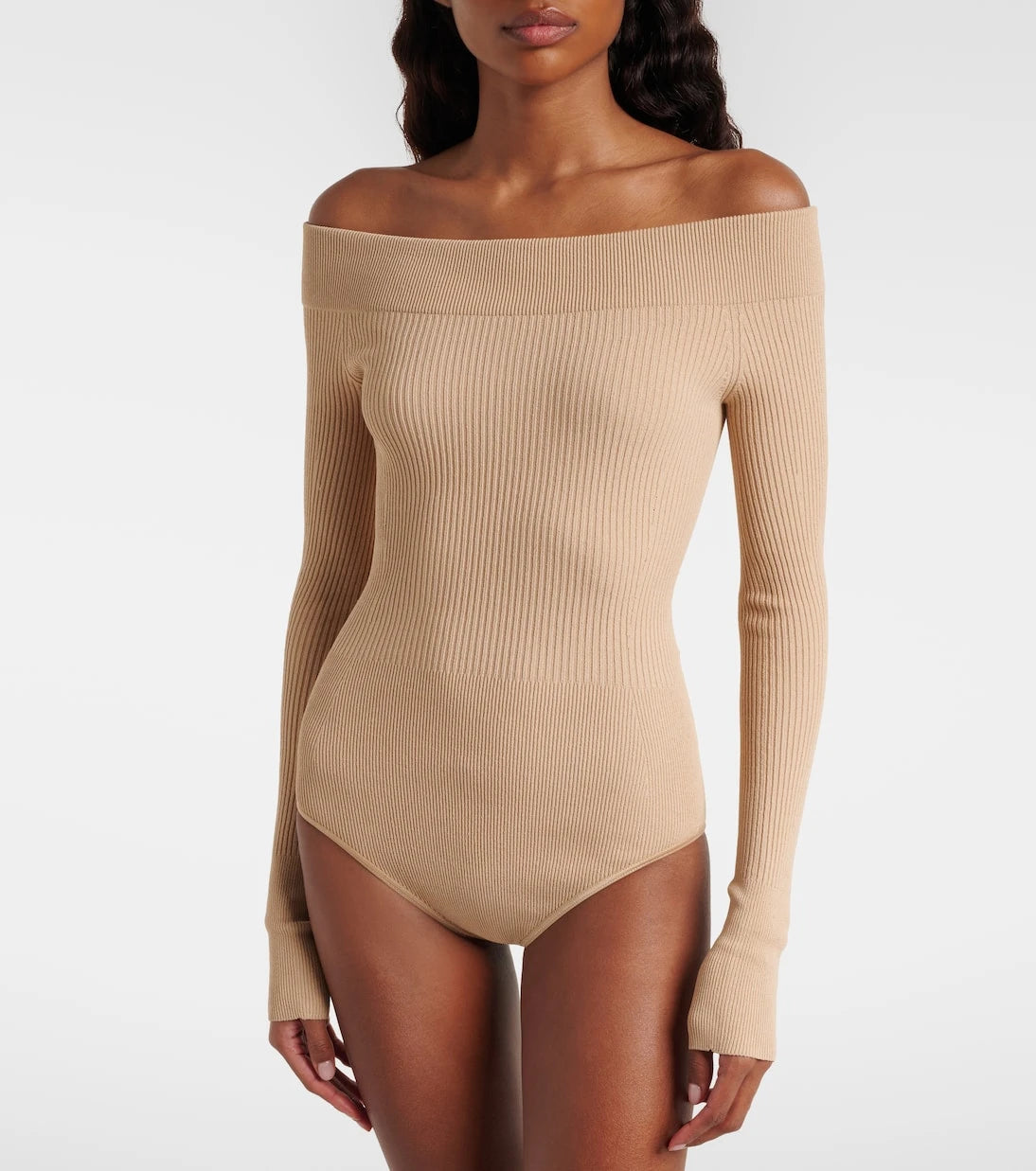Alaïa - Ribbed-knit off-shoulder bodysuit