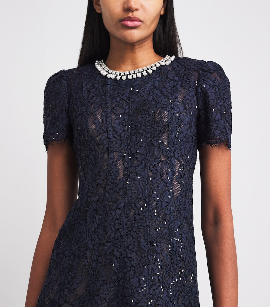 Self-Portrait Navy Sequin-Lace Embellished-Neck Midi Dress