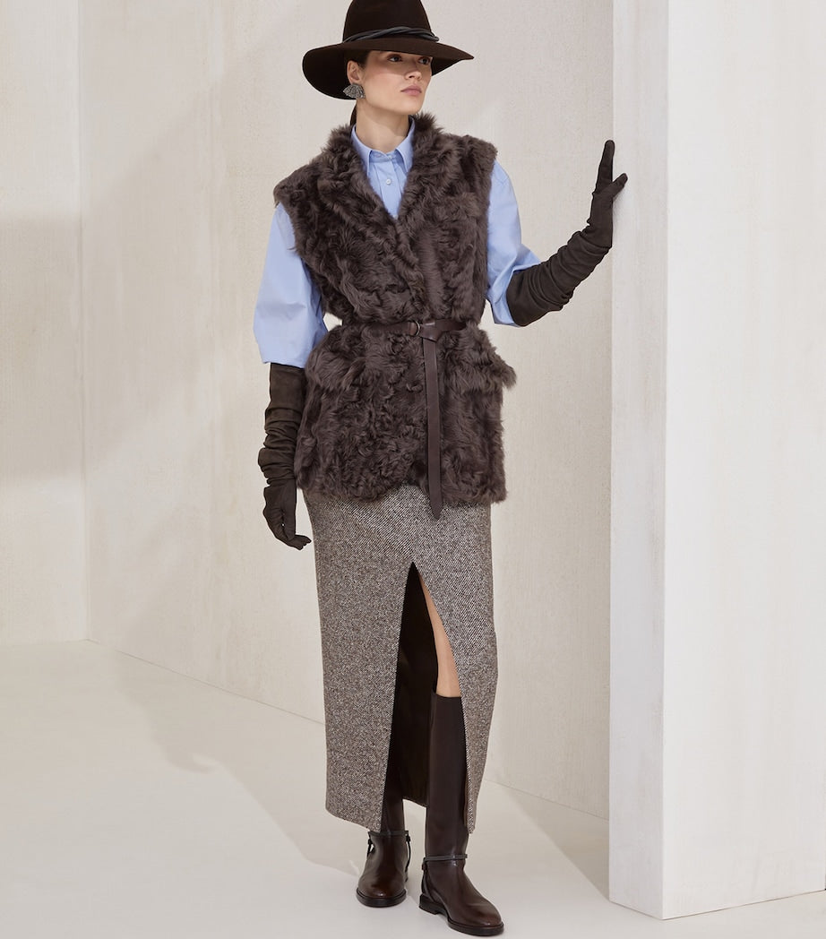 Brunello Cucinelli Brown Wool-Silk Mélange Pencil Skirt