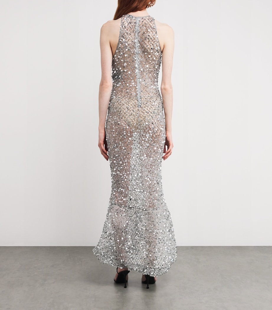 LAPOINTE Silver Sequinned Fishtail Midi Dress
