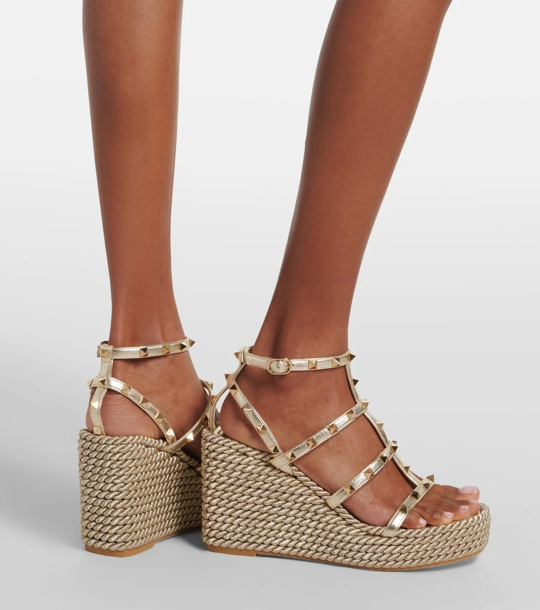 Valentino Garavani - Rockstud Torchon leather wedge espadrilles