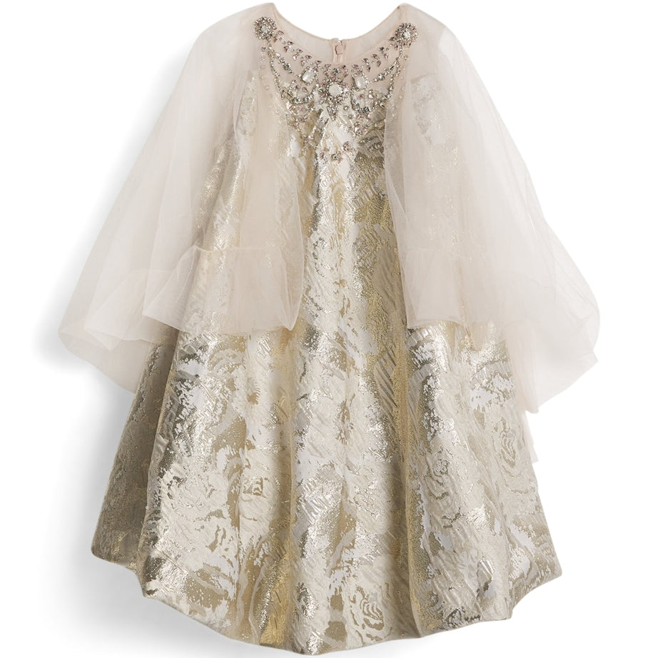 MAISON AVA Gold Embellished Dress with Cape (2-14 Years)
