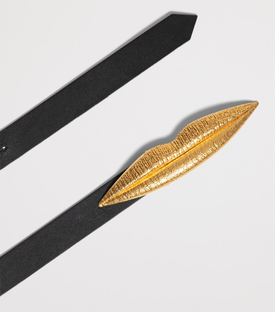 Black Calf Leather Mouth-Detail Belt