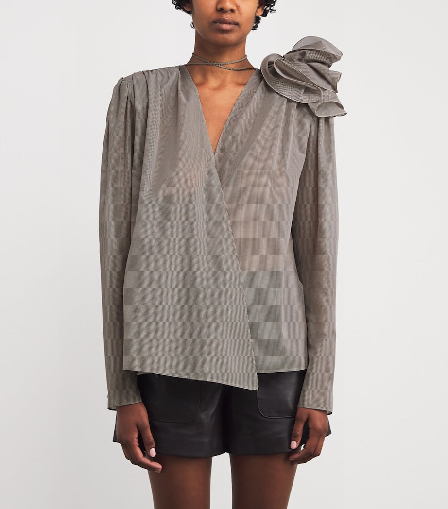 Brown Silk Rose Brooch Blouse