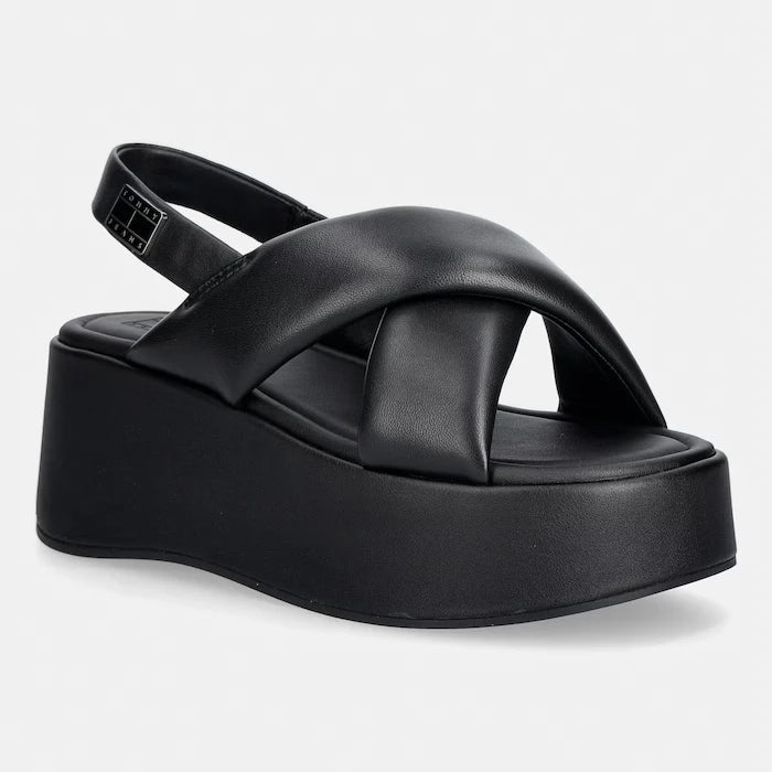 Tommy Jeans kadın deri platform sandalet ayakkabı TJW PADDED STRAPS WEDGES