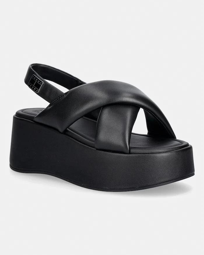 Tommy Jeans kadın deri platform sandalet ayakkabı TJW PADDED STRAPS WEDGES