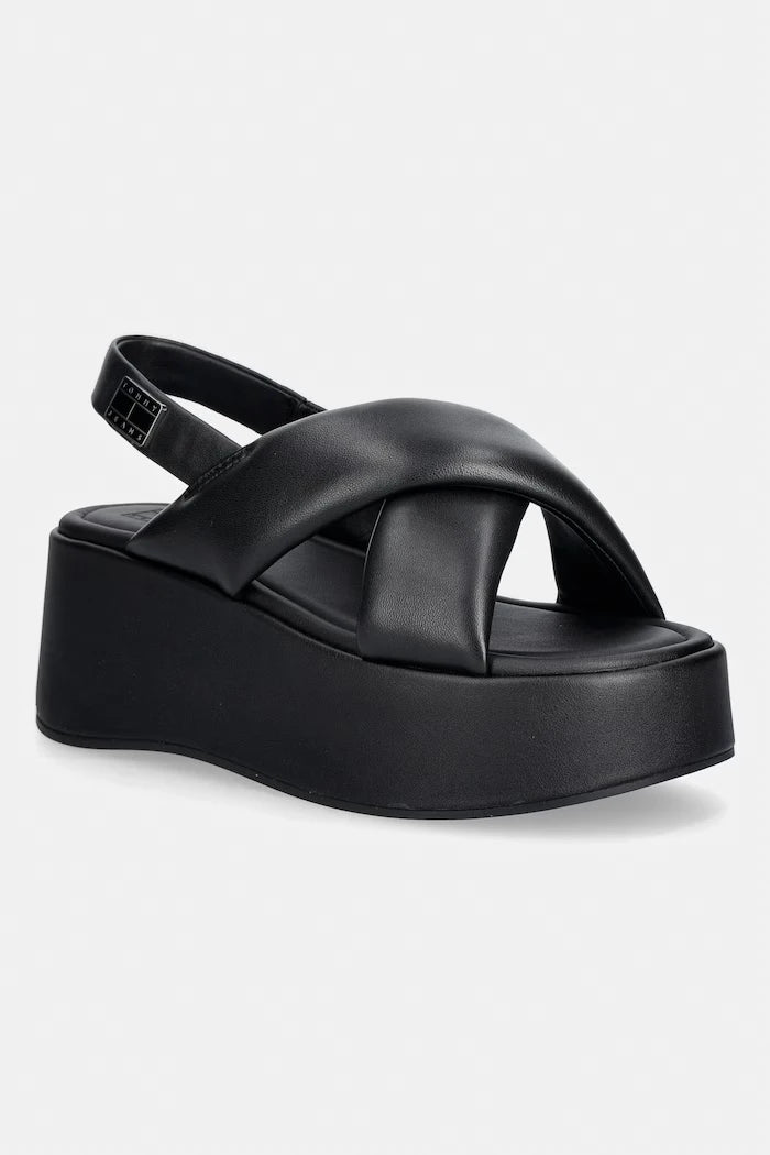 Tommy Jeans kadın deri platform sandalet ayakkabı TJW PADDED STRAPS WEDGES