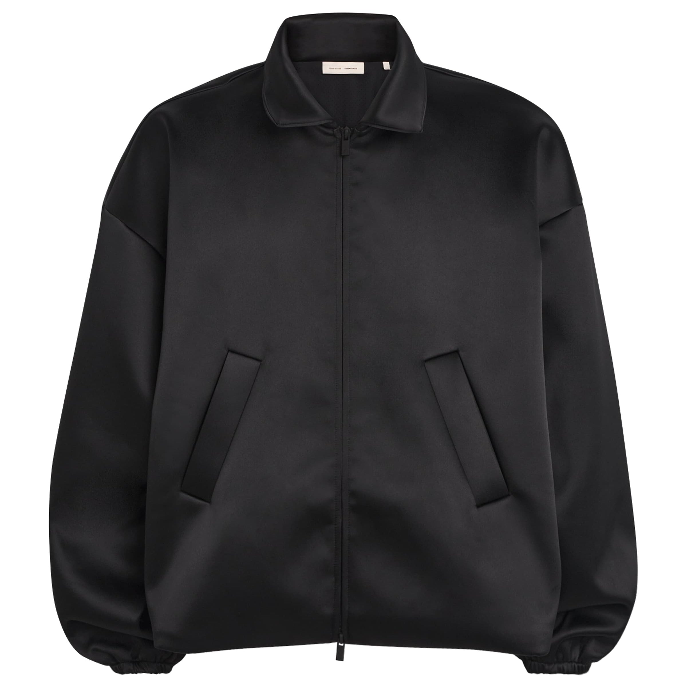 FEAR OF GOD ESSENTIALS Black Bonded Satin Bomber Jacket