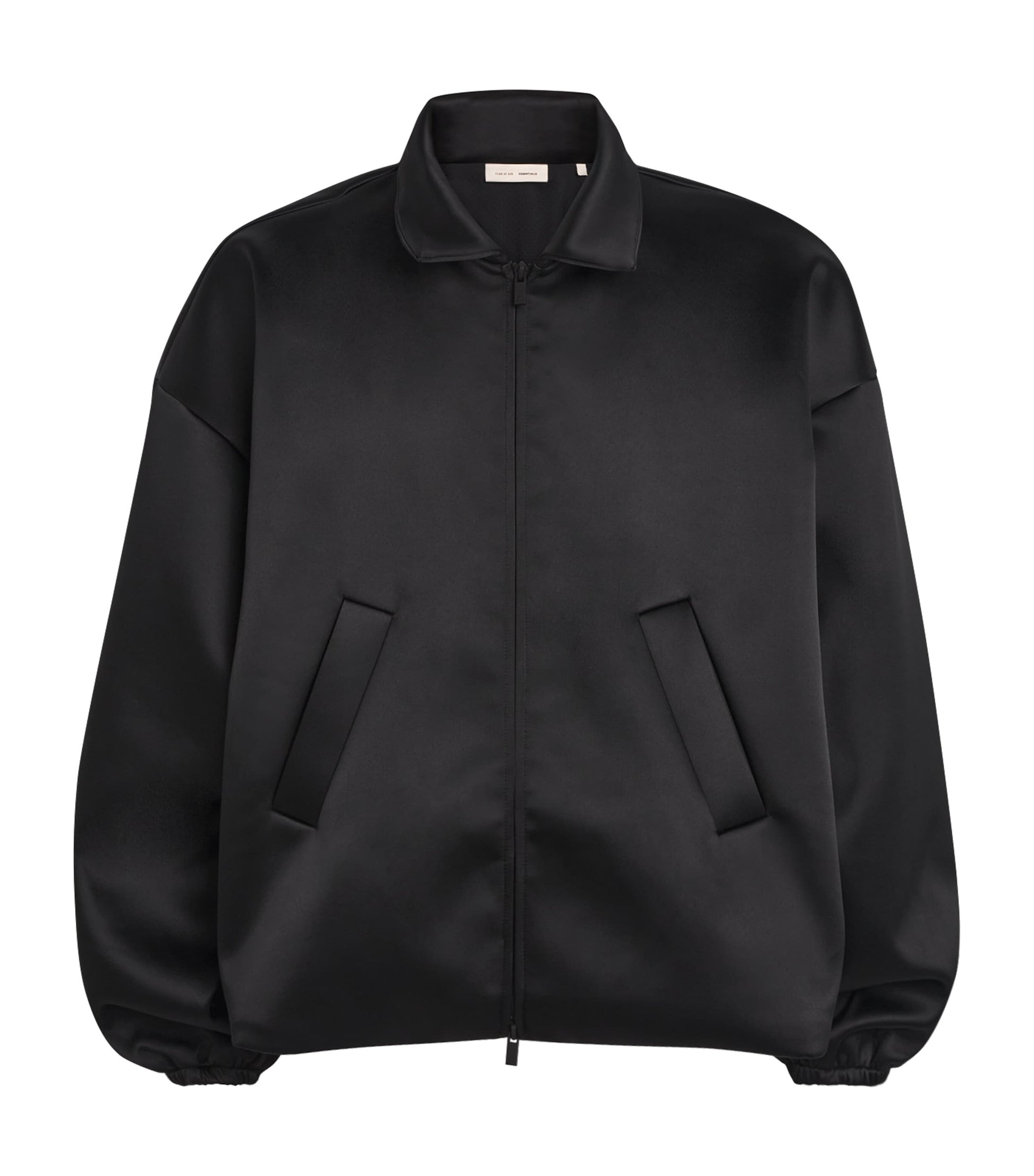 FEAR OF GOD ESSENTIALS Black Bonded Satin Bomber Jacket