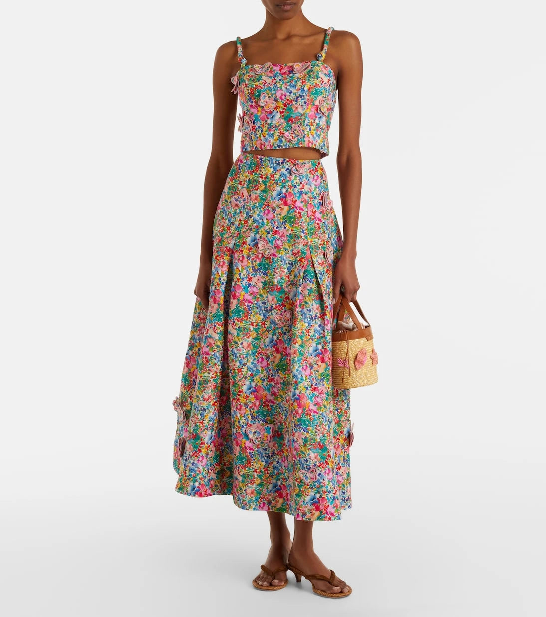 Farm Rio - Appliqué floral linen maxi skirt