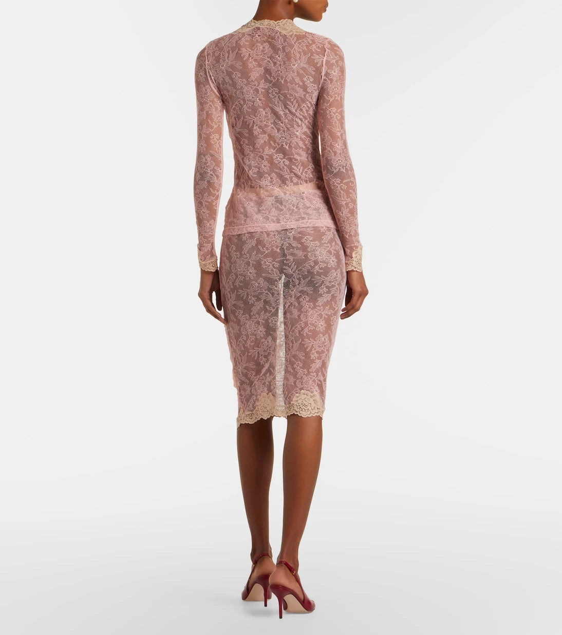 Valentino - Floral ruched sheer lace midi skirt