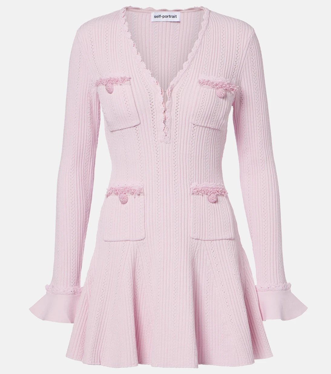 Self-Portrait - Beaded ribbed-knit minidress