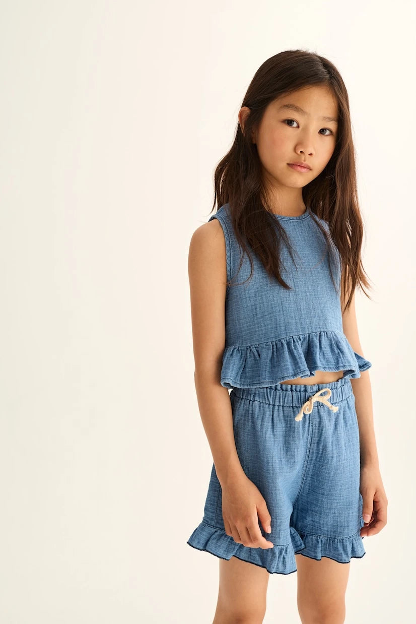 Cozmo - Blair ruffled cotton chambray top and shorts set