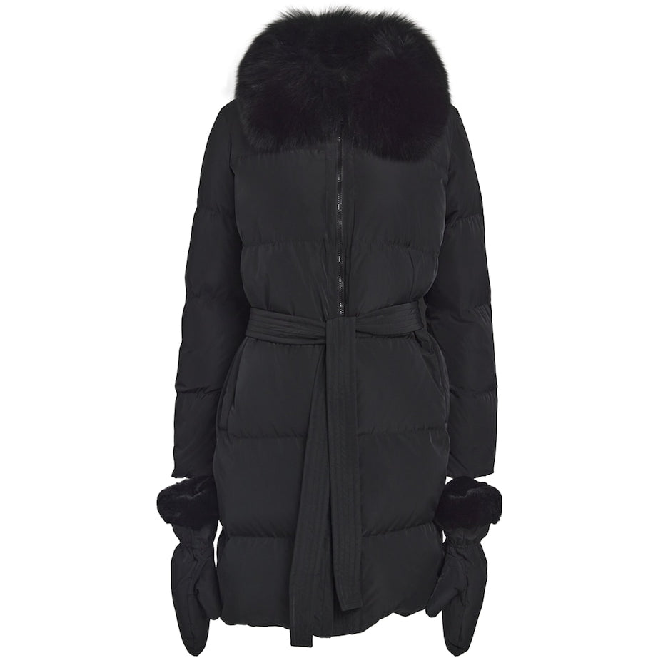 Yves Salomon Black Fur-Trim Down Coat with Mittens