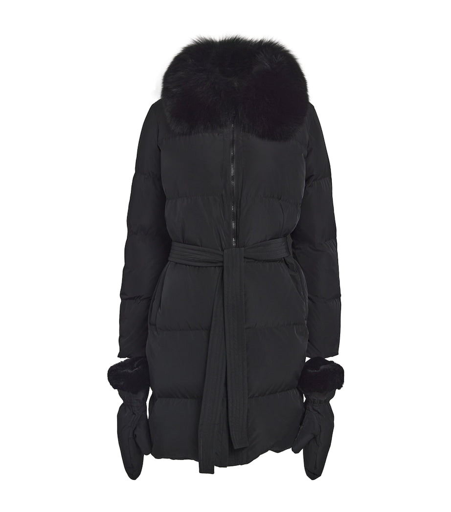Yves Salomon Black Fur-Trim Down Coat with Mittens