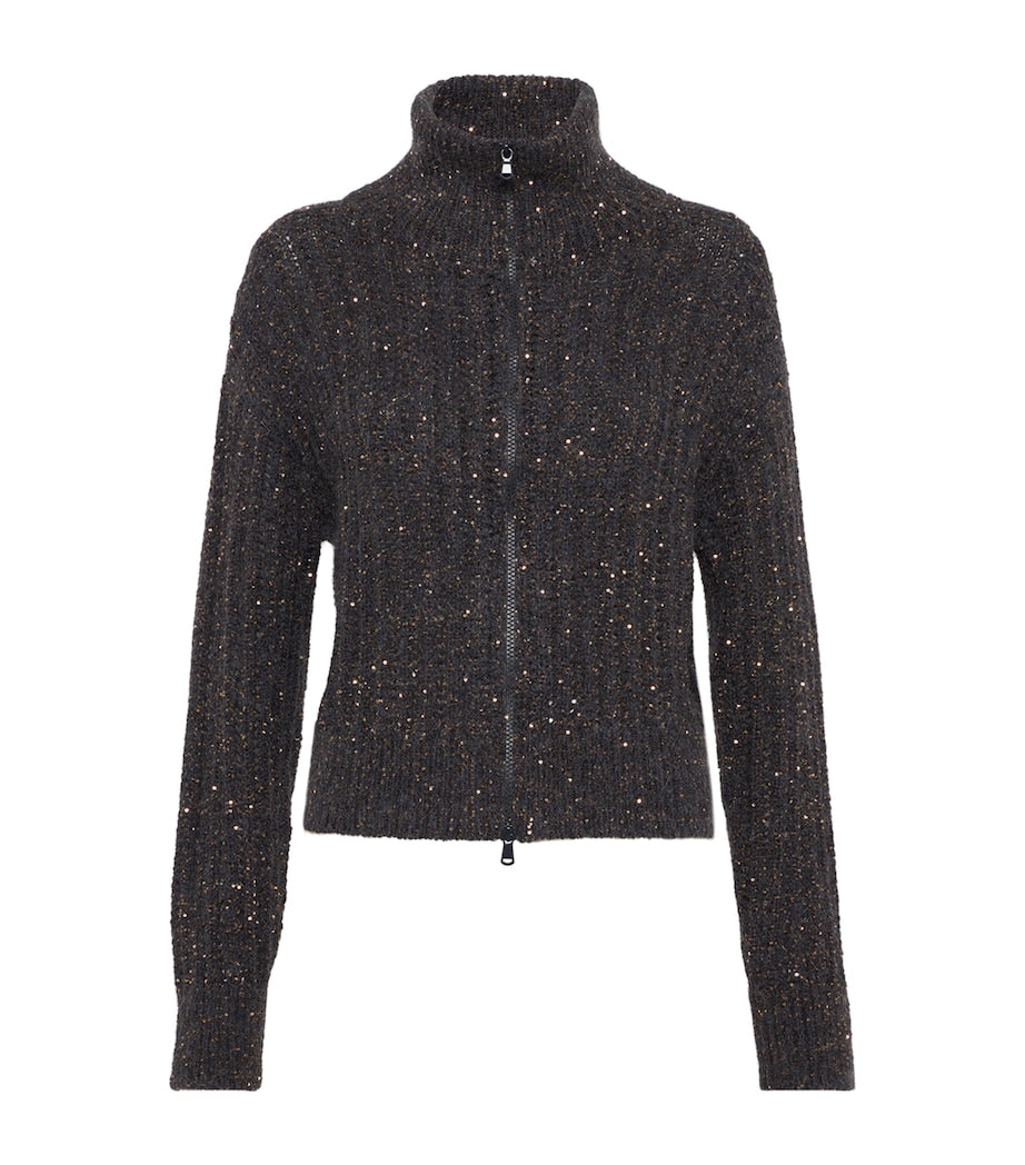 Sequin-Embellished High-Neck Cardigan