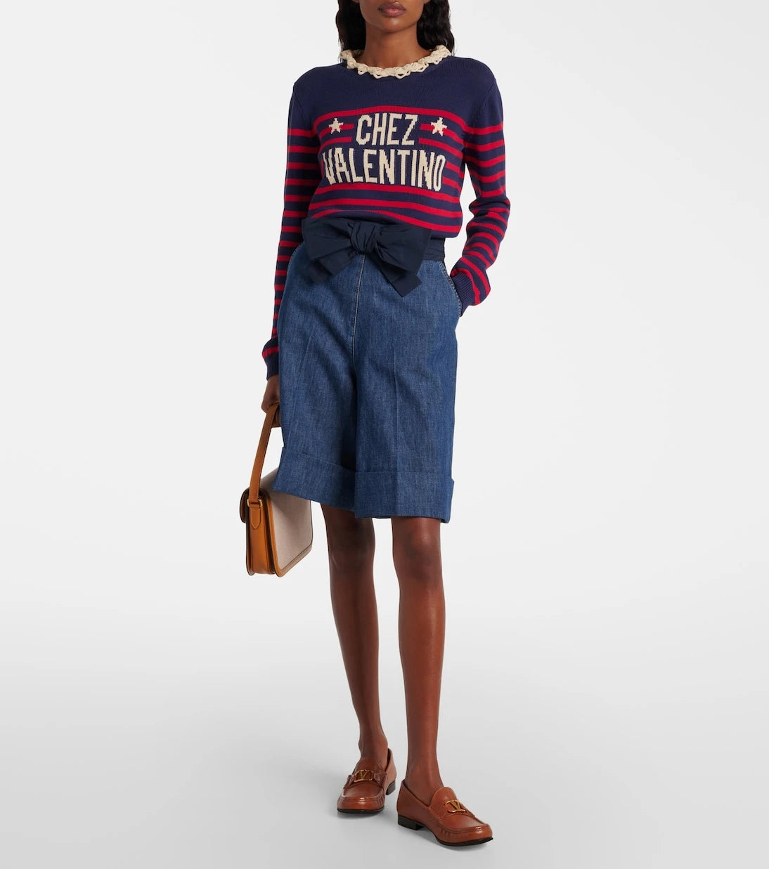 Valentino - Bow-detail chambray Bermuda shorts