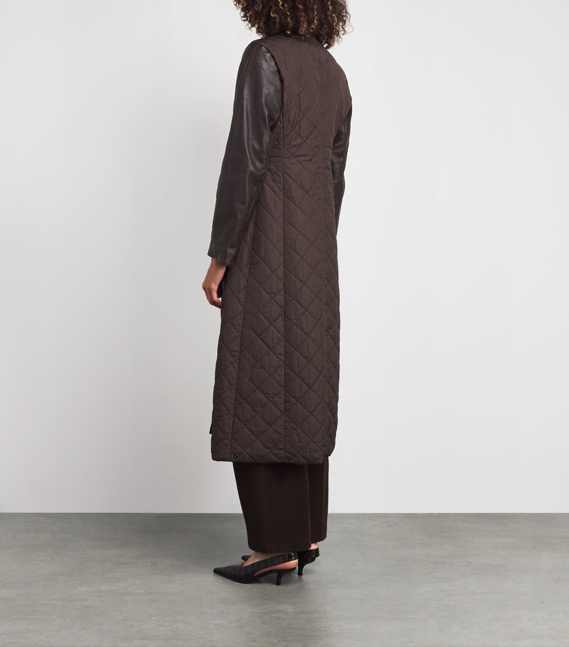 Max Mara Brown Leather-Sleeve Quilted Coat