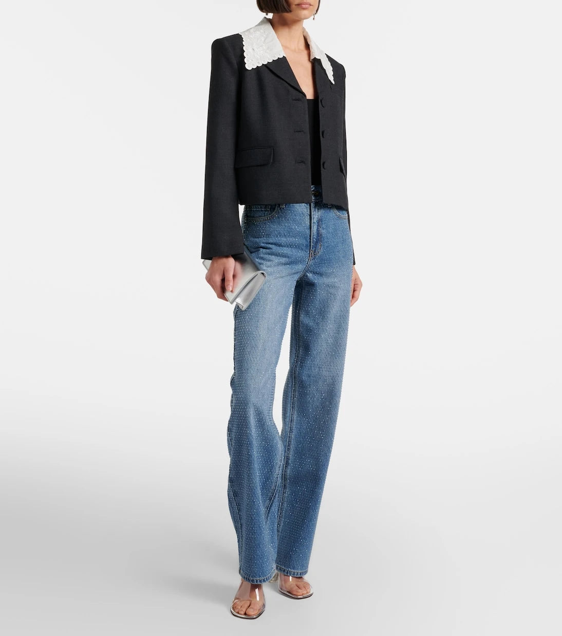 Self-Portrait - Embellished high-rise straight jeans