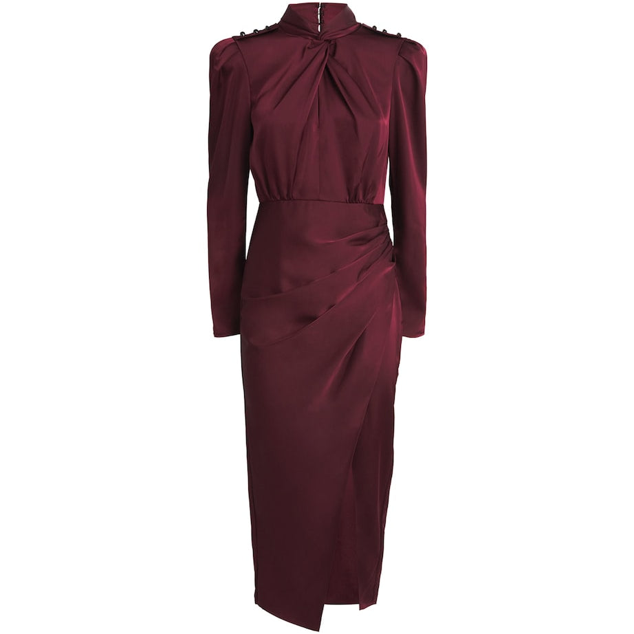Self-Portrait Red Satin Draped Midi Dress