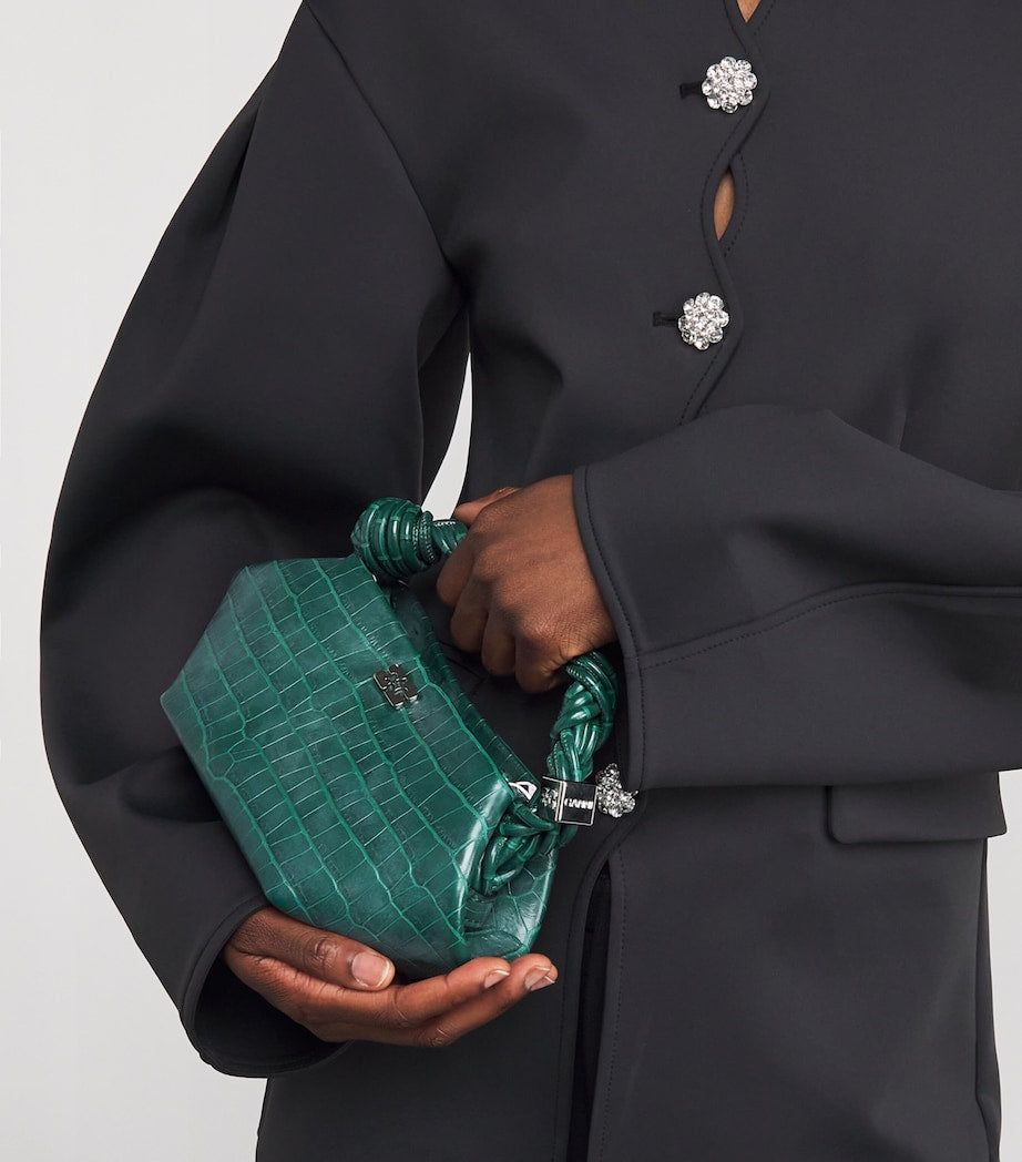 GANNI Green Mini Croc-Embossed Bou Top-Handle Bag