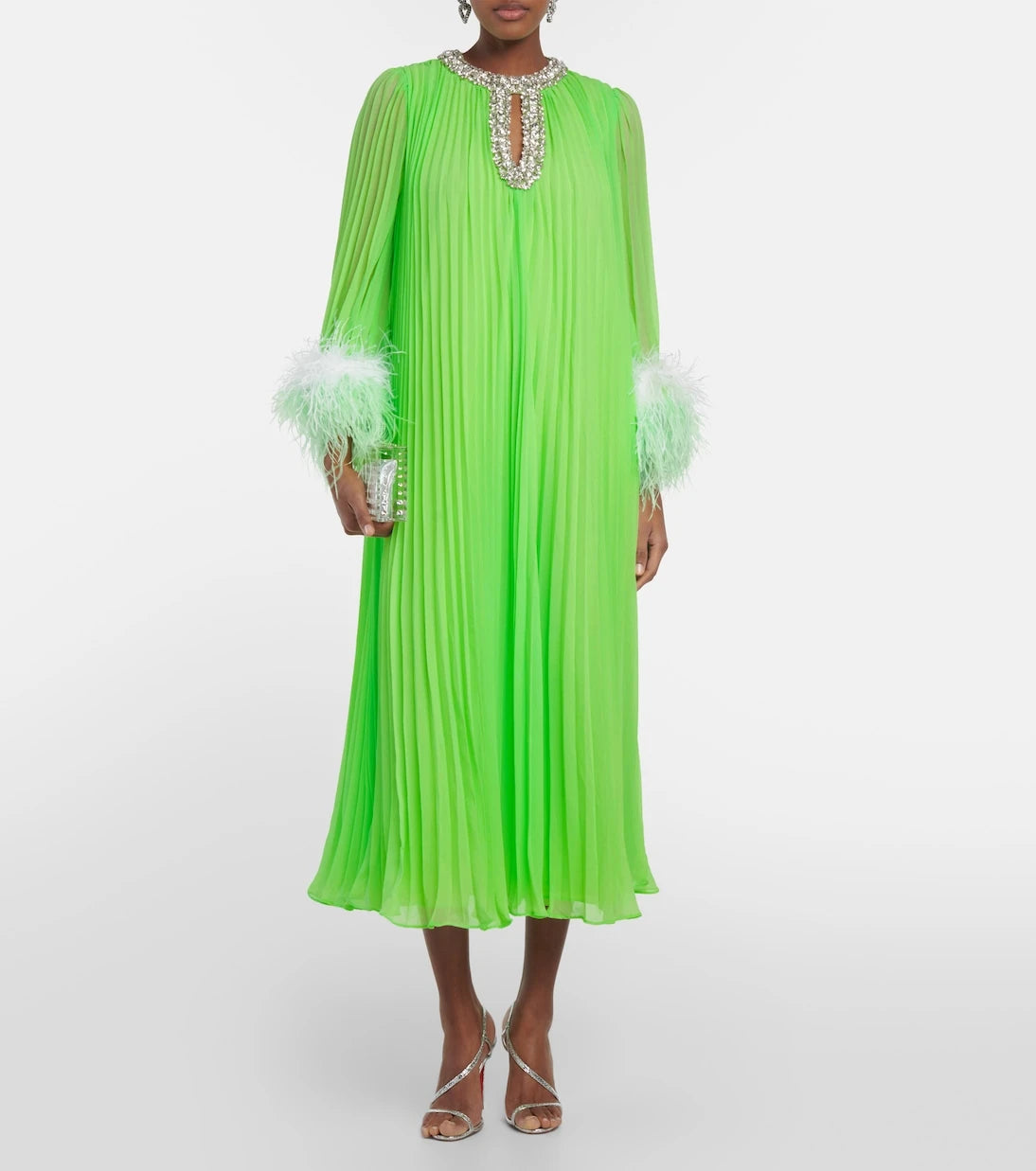 Self-Portrait - Pleated feather-trimmed chiffon gown