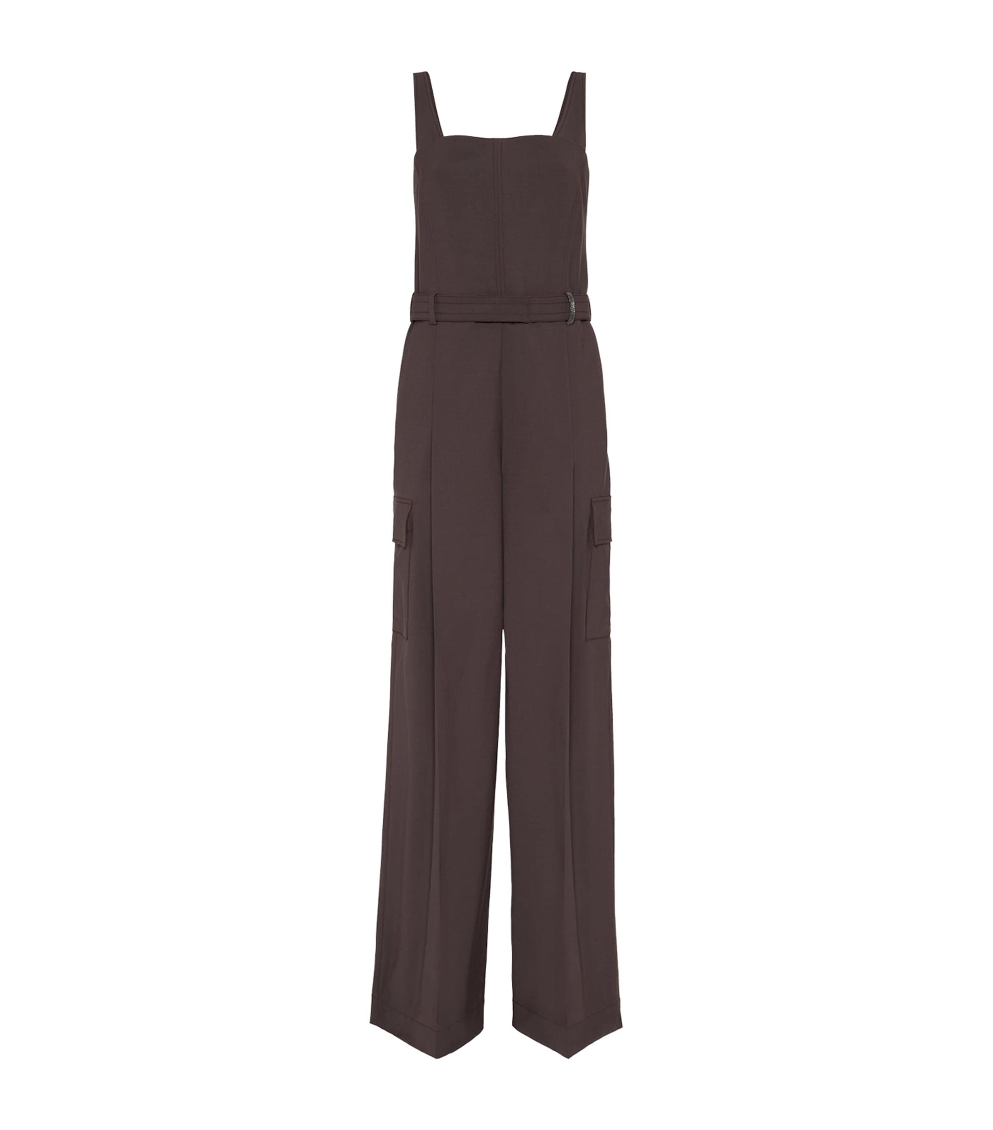Brunello Cucinelli Brown Virgin Wool-Blend Belted Jumpsuit