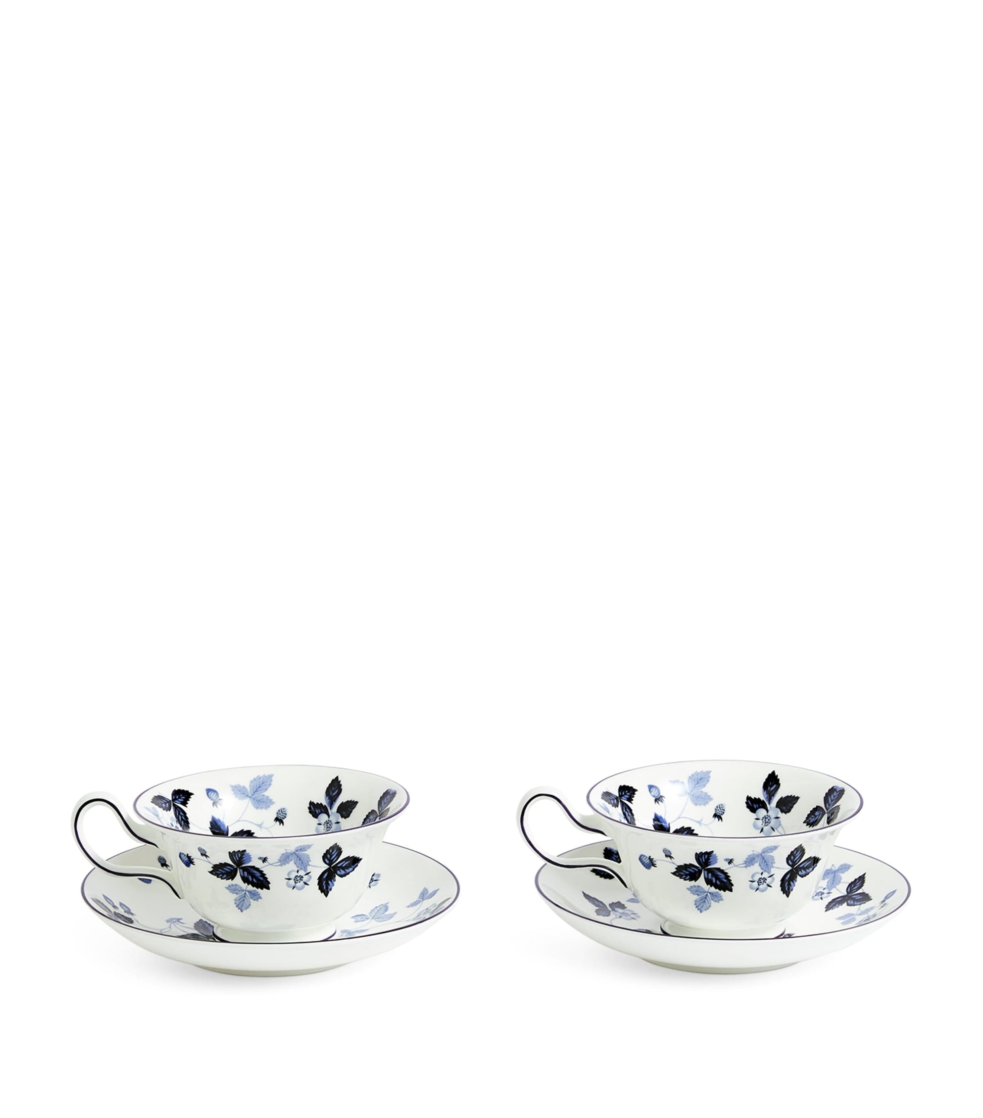 Set of 2 Wild Strawberry Inky Blue Teacups and Saucers