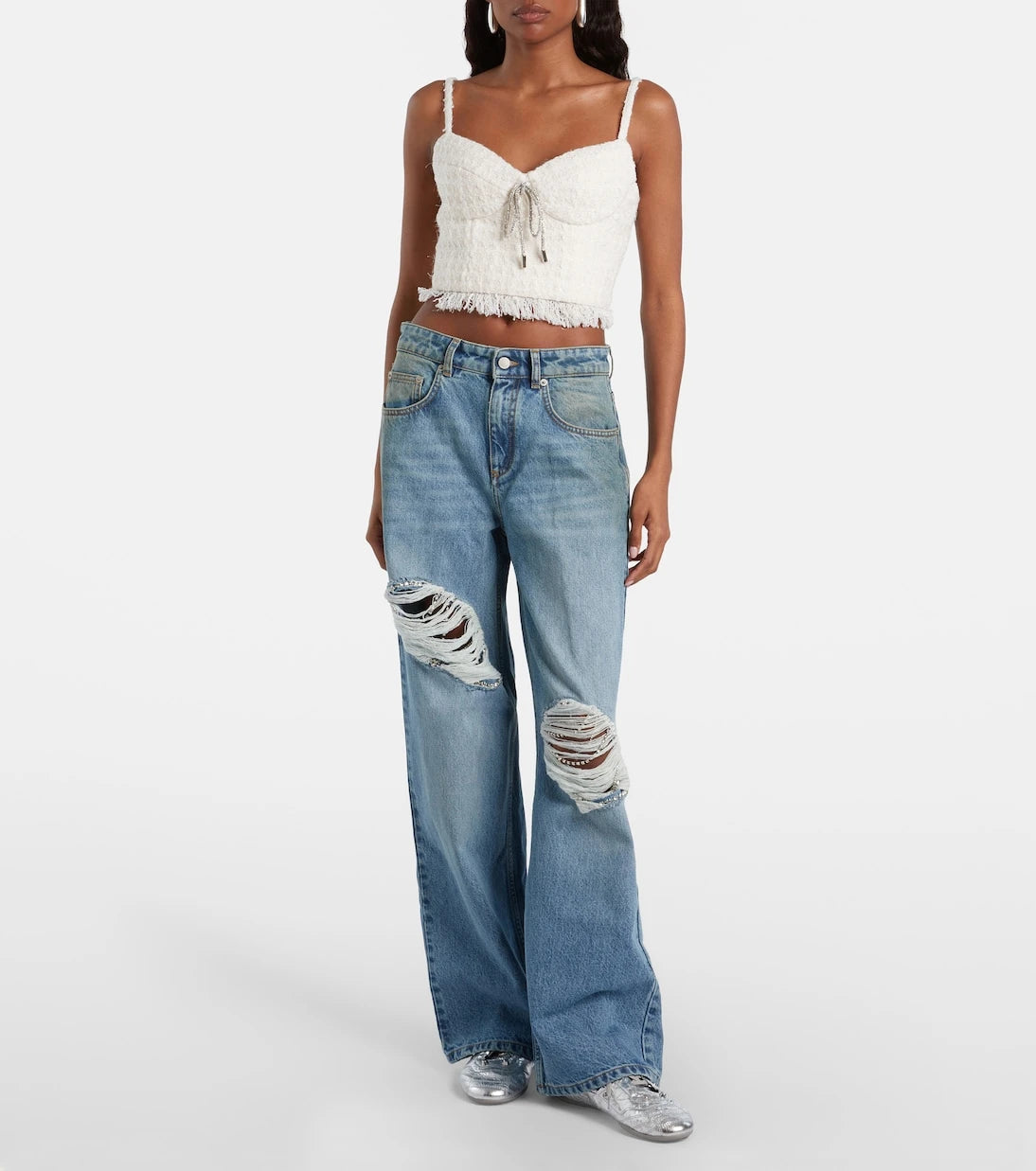 Area - Distressed embellished wide-leg jeans