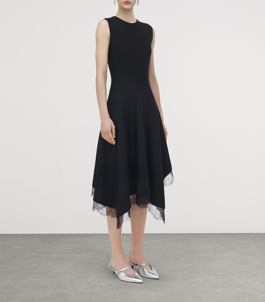 McQueen Black Lace-Trim Asymmetric Midi Dress