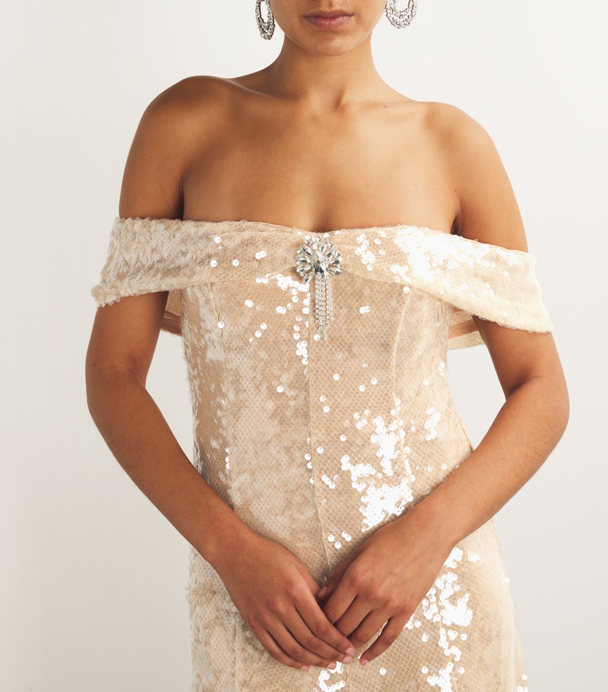 Self-Portrait Gold Embellished Off-The-Shoulder Midi Dress