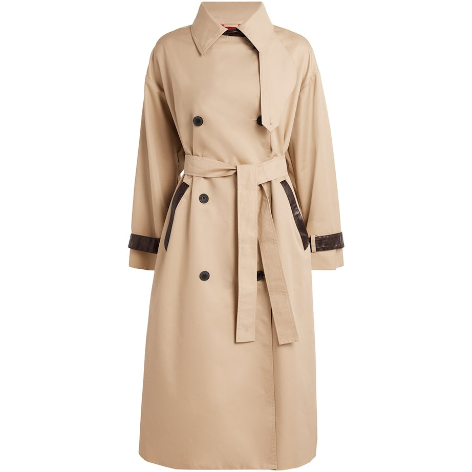 Beige Sheepskin-Trim Trench Coat
