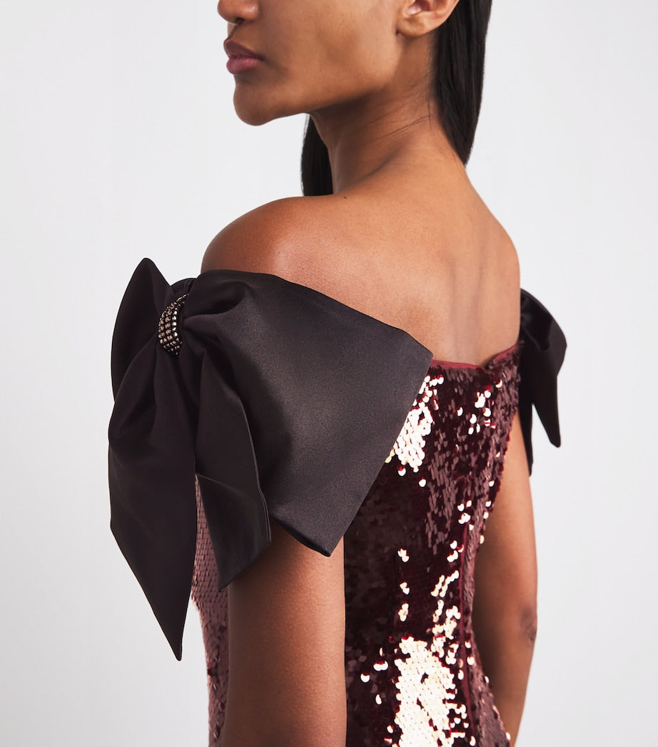 Self-Portrait Brown Sequin Off-The-Shoulder Maxi Dress