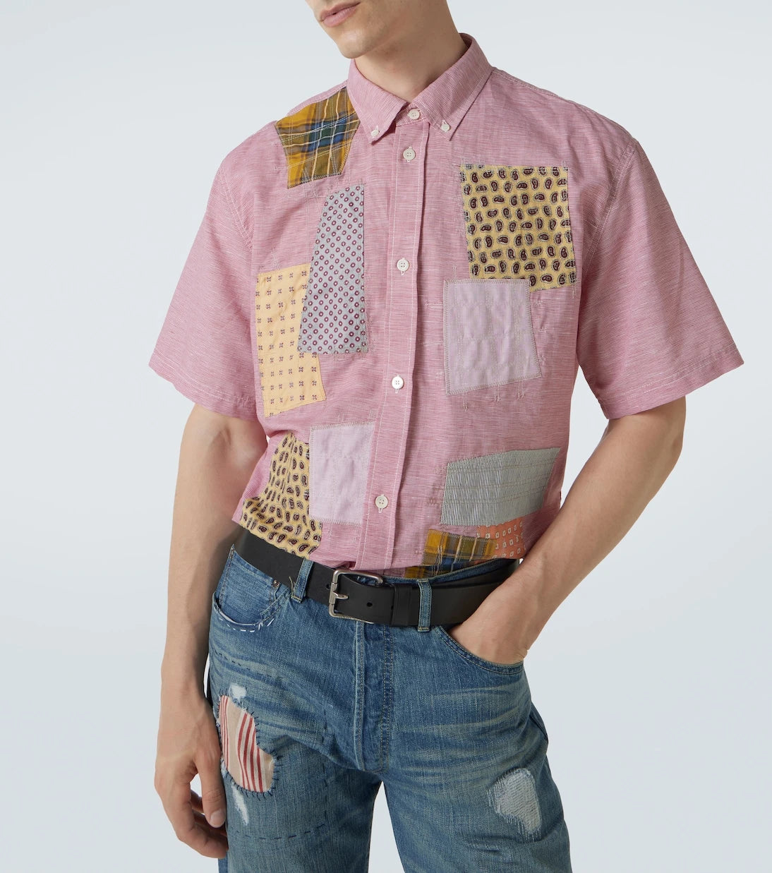 Junya Watanabe - Patchwork linen and cotton bowling shirt