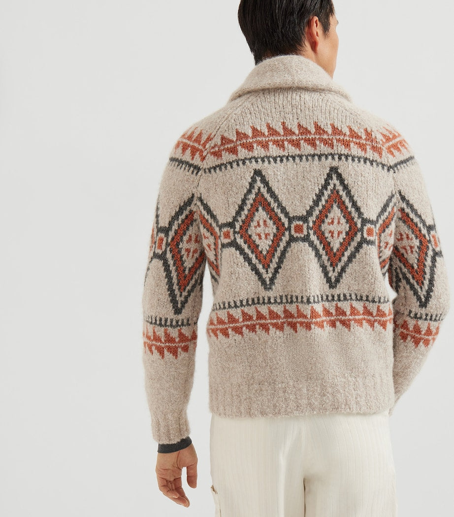 White Alpaca-Blend Jacquard Cardigan