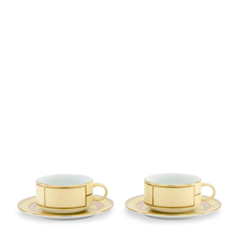 Set of 2 Porcelain Colonna Diva Giallo Teacups and Saucers