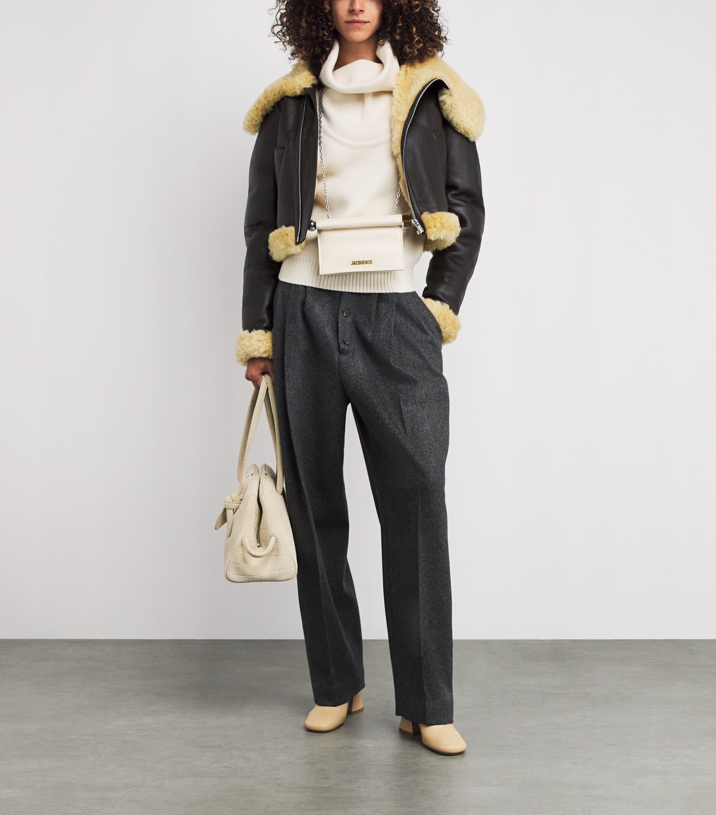 Shearling-Trim Aviator Leather Jacket