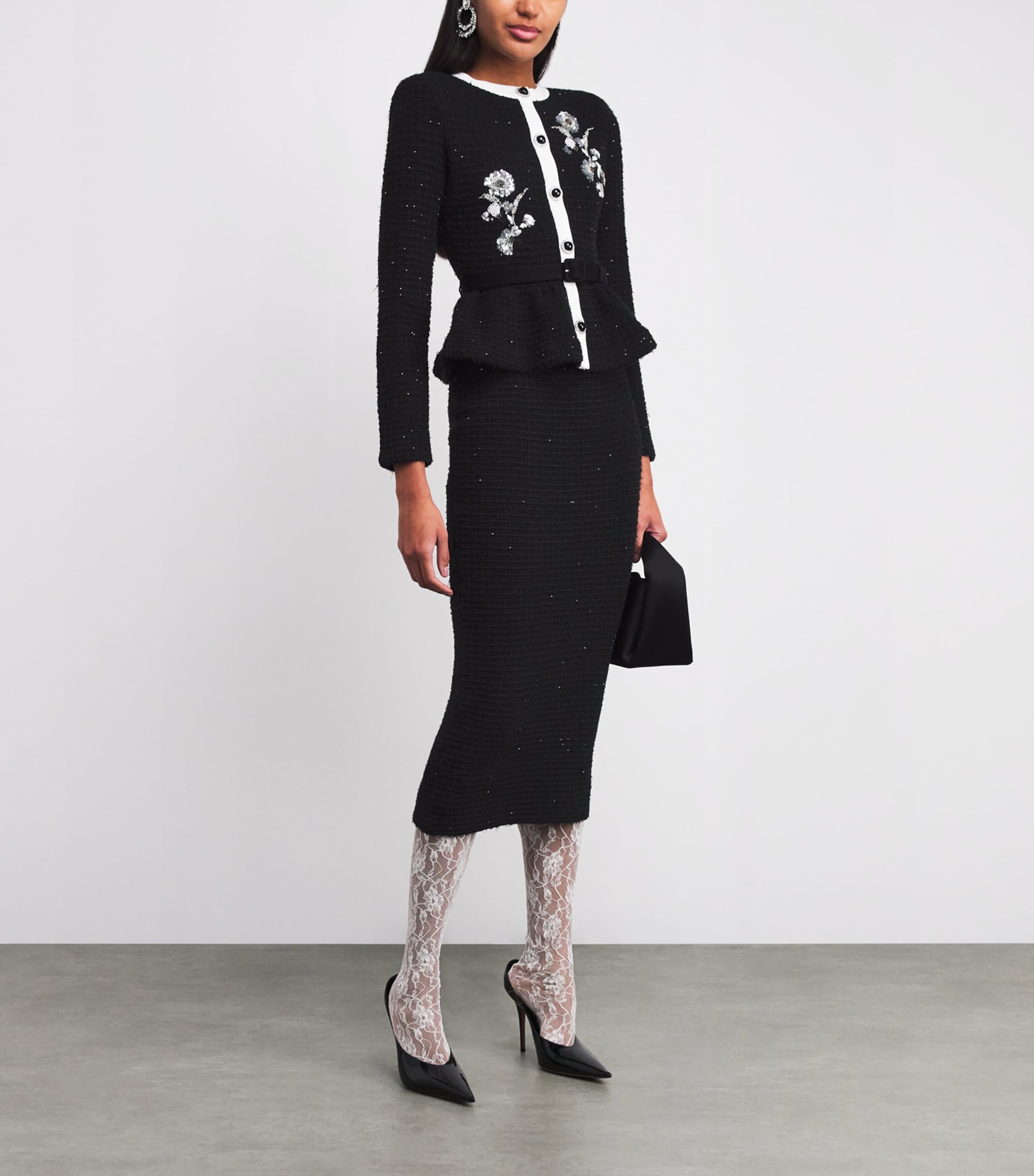 Self-Portrait Black Textured Floral-Detail Midi Dress