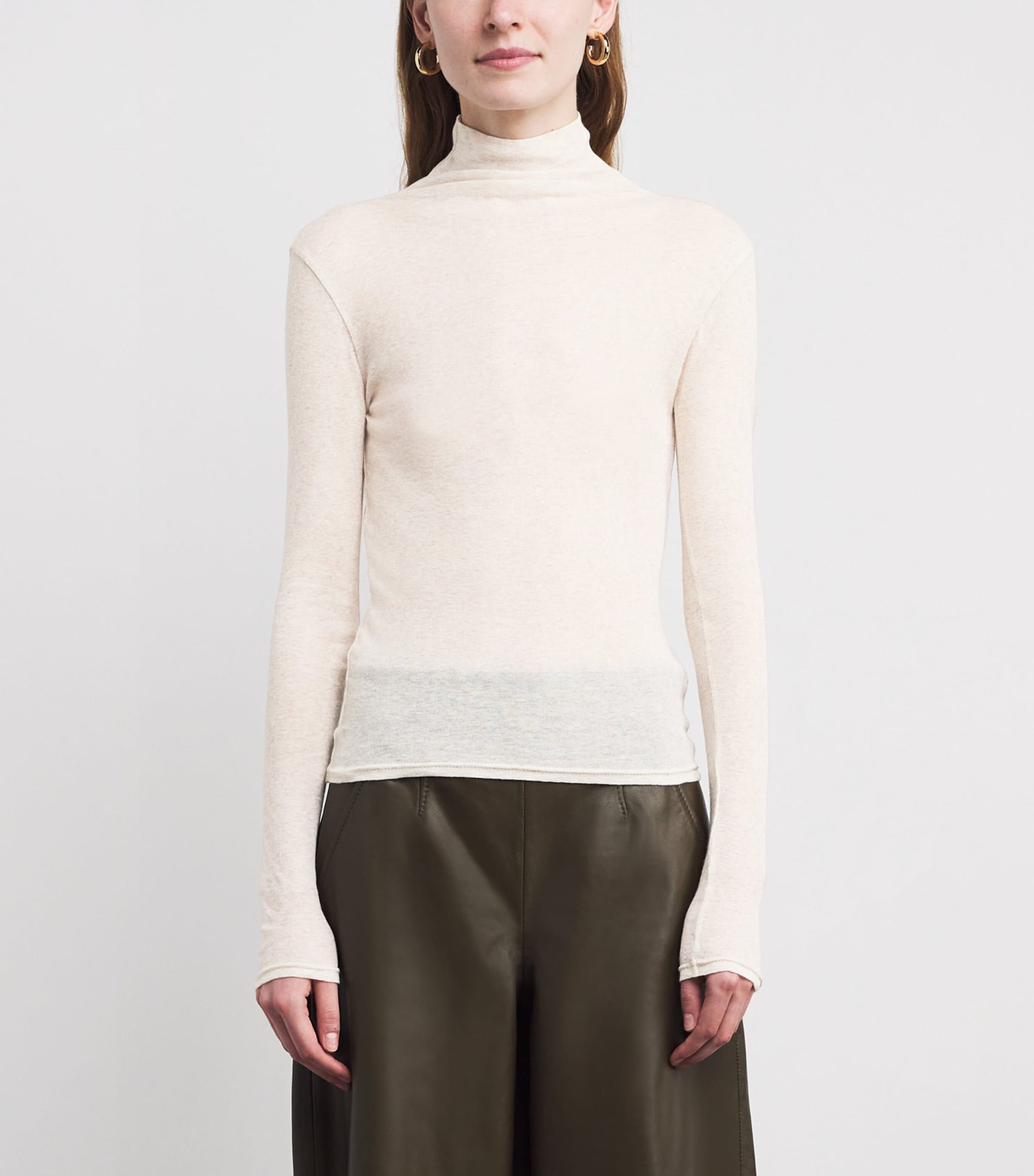 Beige Cotton Sheer High-Neck Top