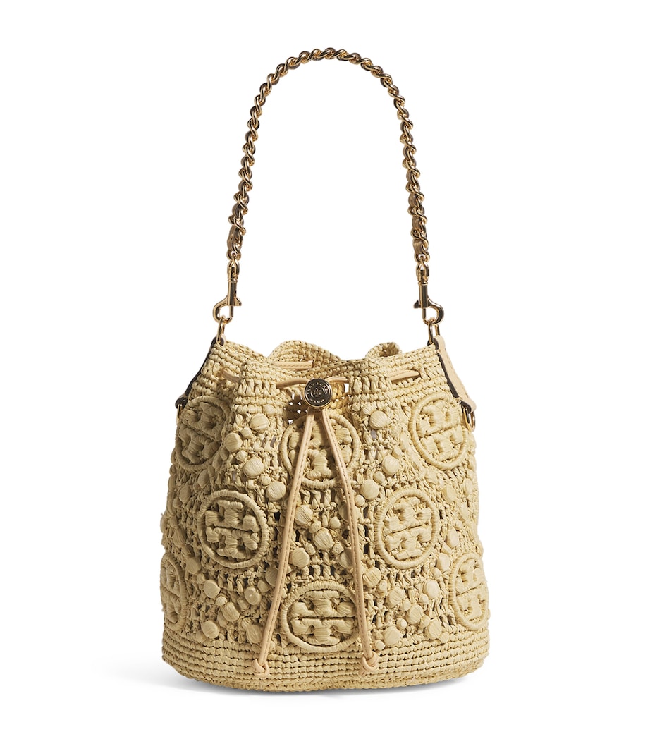 Neutral Raffia Monogram Bucket Bag