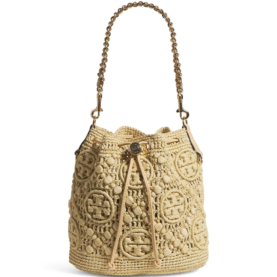 Neutral Raffia Monogram Bucket Bag